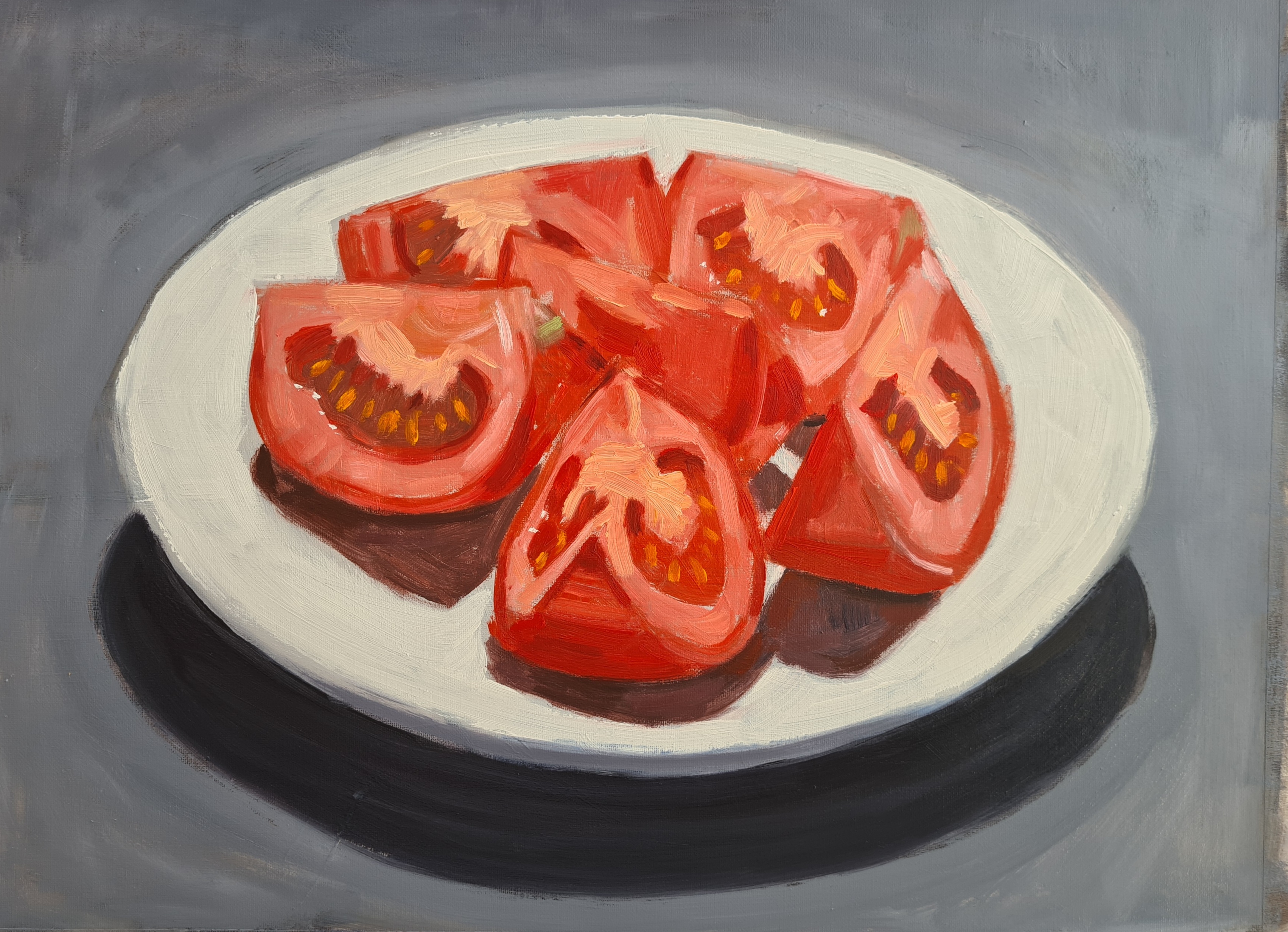 Painting of sliced red tomatoes on a cream plate against a grey background